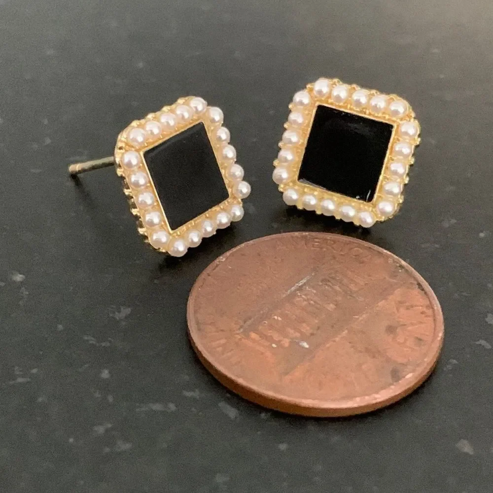 Onyx Black Square Studs with Faux Pearl Border